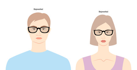 Bejewelled foxy frame glasses on women and men flat character fashion accessory illustration. Sunglass front view silhouette style, rim spectacles eyeglasses with lens sketch outline isolated on whiteのイラスト素材