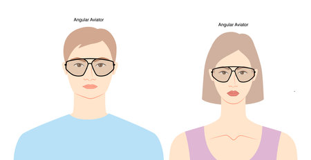 Angular Aviator frame glasses on women and men flat character fashion accessory illustration. Sunglass front view silhouette style, rim spectacles eyeglasses with lens sketch outline isolated on whiteのイラスト素材