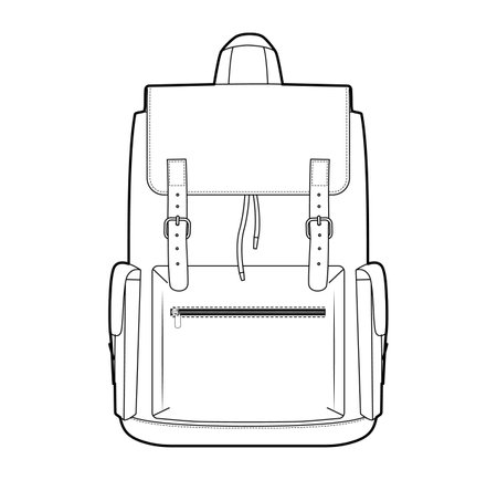Adventure backpack silhouette bag. Fashion accessory technical illustration. Vector schoolbag front view for Men, women, unisex style, flat handbag CAD mockup sketch outline isolatedのイラスト素材