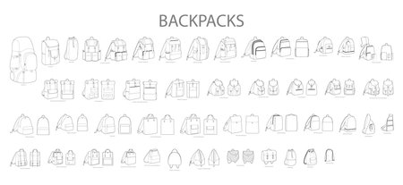 Huge set of backpacks silhouette bags. Fashion accessory technical illustration. Vector schoolbag front 3-4 view for Men, women, unisex style, flat handbag CAD mockup sketch outline isolatedのイラスト素材