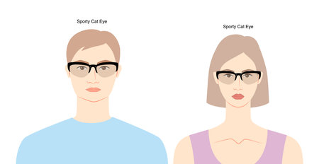 Sporty Cat Eye frame glasses on women and men flat character fashion accessory illustration. Sunglass front view unisex silhouette style, rim spectacles eyeglasses, lens sketch style outline on whiteのイラスト素材