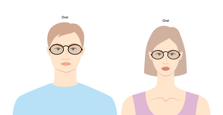 Oval frame glasses on women and men flat character fashion accessory illustration. Sunglass front view unisex silhouette style, rim spectacles eyeglasses, lens sketch style outline isolated on whiteのイラスト素材