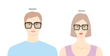 Bejewelled Retro Square frame glasses on women and men flat character fashion accessory illustration. Sunglass front view silhouette style, rim spectacles eyeglasses with lens sketch outline isolatedのイラスト素材