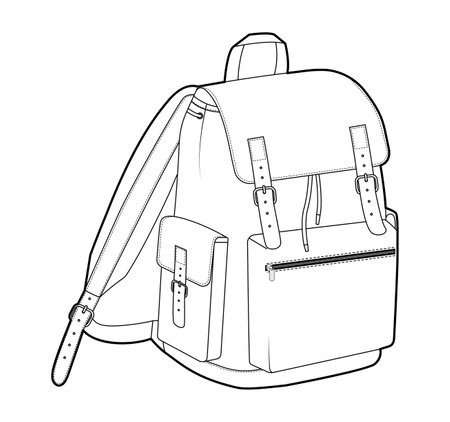 Adventure backpack silhouette bag. Fashion accessory technical illustration. Vector schoolbag 3-4 view for Men, women, unisex style, flat handbag CAD mockup sketch outline isolatedのイラスト素材