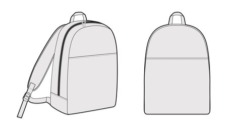 Minimal backpack silhouette bag. Fashion accessory technical illustration. Vector schoolbag front 3-4 view for Men, women, unisex style, flat handbag CAD mockup sketch outline isolatedのイラスト素材