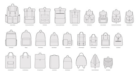 Set of Fashion School Sport backpacks silhouette bag. Fashion accessory technical illustration. Vector schoolbag front view for Men, women unisex style, flat handbag CAD mockup sketch outline isolatedのイラスト素材