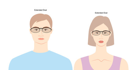 Extended Oval frame glasses on women and men flat character fashion accessory illustration. Sunglass front view unisex silhouette style, rim spectacles eyeglasses, lens sketch style outline on whiteのイラスト素材