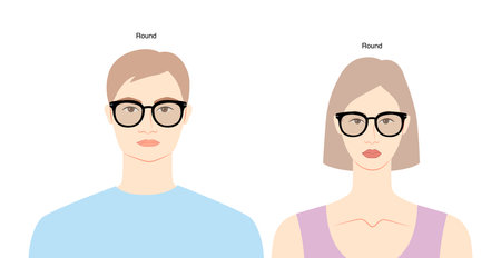 Round frame glasses on women and men flat character fashion accessory illustration. Sunglass front view unisex silhouette style, rim spectacles eyeglasses with lens sketch style outline isolatedのイラスト素材