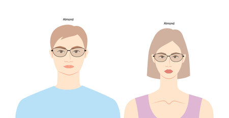 Almond frame glasses on women and men flat character fashion accessory illustration. Sunglass front view unisex silhouette style, rim spectacles eyeglasses with lens sketch outline isolated on whiteのイラスト素材
