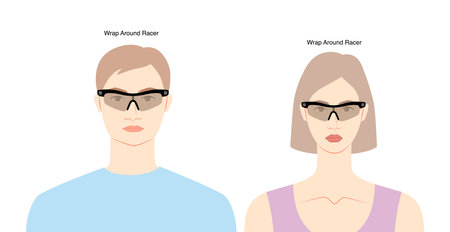 Wrap Around Racer frame glasses on women and men flat character fashion accessory illustration. Sunglass front view unisex silhouette style, spectacles eyeglasses, lens sketch style outline isolatedのイラスト素材