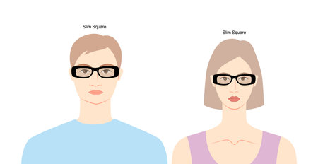 Slim Square frame glasses on women and men flat character fashion accessory illustration. Sunglass front view unisex silhouette style, rim spectacles eyeglasses, lens sketch style isolated on whiteのイラスト素材