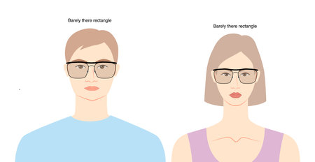 Barely there rectangle frame glasses on women and men flat character fashion accessory illustration. Sunglass silhouette style, rim spectacles eyeglasses, lens sketch style outline isolated on whiteのイラスト素材