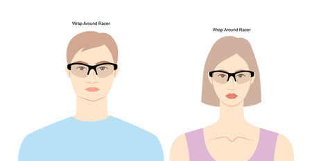Wrap Around Racer frame glasses on women and men flat character fashion accessory illustration. Sunglass front view silhouette style, rim spectacles eyeglasses, sketch style outline isolated on whiteのイラスト素材