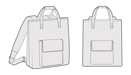Convertible backpack silhouette tote bag with pocket. Fashion accessory technical illustration. Vector schoolbag front 3-4 view for Men, women, unisex style, flat handbag CAD mockup outline isolatedのイラスト素材