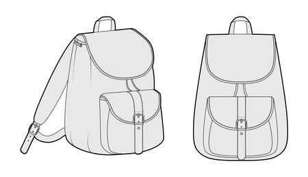 Adventure backpack silhouette bag. Fashion accessory technical illustration. Vector schoolbag front 3-4 view for Men, women, unisex style, flat handbag CAD mockup sketch outline isolatedのイラスト素材