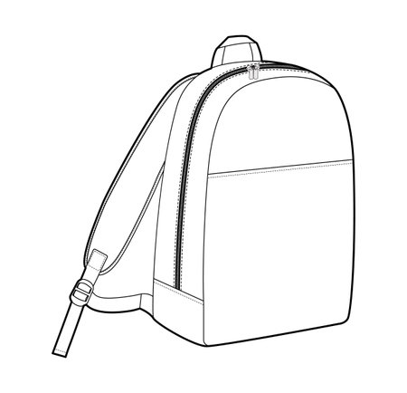 Minimal backpack silhouette bag. Fashion accessory technical illustration. Vector schoolbag 3-4 view for Men, women, unisex style, flat handbag CAD mockup sketch outline isolatedのイラスト素材