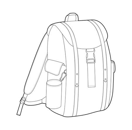 Explorer backpack silhouette bag. Fashion accessory technical illustration. Vector schoolbag 3-4 view for Men, women, unisex style, flat handbag CAD mockup sketch outline isolatedのイラスト素材