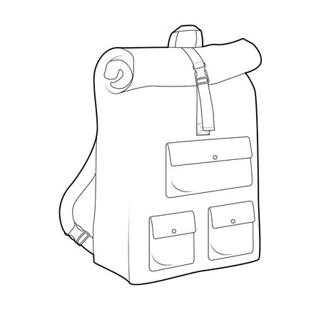 Travel backpack silhouette bag. Fashion accessory technical illustration. Vector schoolbag 3-4 view for Men, women, unisex style, flat handbag CAD mockup sketch outline isolatedのイラスト素材