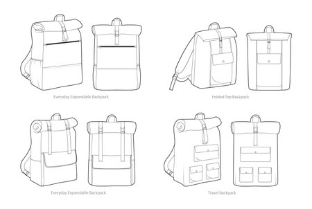 Set of foldable, Expandable, Travel backpack silhouette bag. Fashion accessory technical illustration. Vector schoolbag front 3-4 view for Men, women, unisex style, flat CAD mockup sketch isolatedのイラスト素材