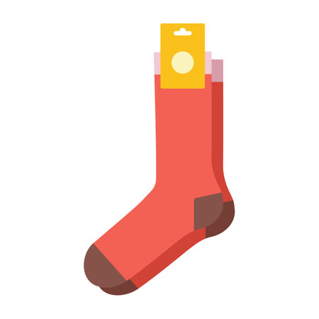 Red socks with logo tag hosiery crew length. Fashion accessory clothing technical illustration stocking. Vector, side view for Men, women, unisex style flat sketch outline isolated on white backgroundのイラスト素材