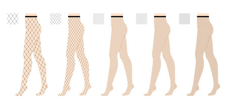 Set of Fishnet Tights Pantyhose on legs, different mesh sizes with pattern. Fashion accessory clothing technical illustration. Vector side view, flat template mockup sketch outline isolated on whiteのイラスト素材