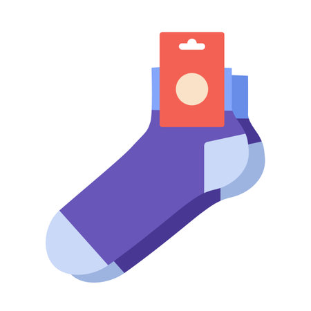Purple socks with logo tag hosiery low ankle length. Fashion accessory clothing technical illustration stocking. Vector, side view for Men, women, unisex style, flat mockup sketch isolated on whiteのイラスト素材