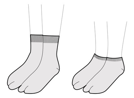 Set of Tabi Thong Socks hosiery low, high ankle length. Fashion accessory clothing technical illustration stocking. Vector 3-4 view for Men, women, unisex style flat template CAD mockup sketch outlineのイラスト素材