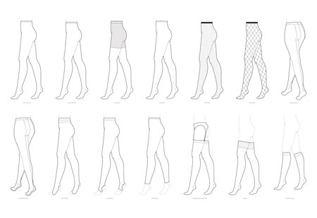 Set of Tights Pantyhose on legs with names text. Fashion accessory clothing technical illustration. Vector side view for Men, women unisex style, flat template CAD mockup sketch outline isolatedのイラスト素材