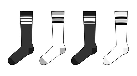 Skater socks set with crew length set. Fashion hosiery accessory clothing technical illustration stocking. Vector front, side view for Men, women, unisex style, flat template CAD mockup sketch outlineのイラスト素材