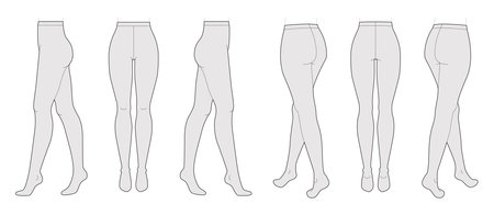 Set of Tights Pantyhose on legs, normal waist length. Fashion accessory clothing technical illustration stocking. Vector front, side, back, 3-4 view for Men women flat template. Vector illustrationのイラスト素材