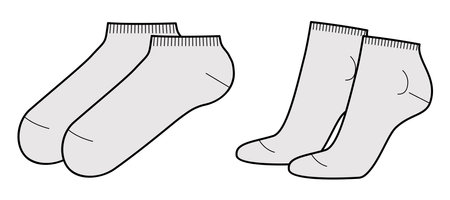 Sneaker Socks length set. Fashion hosiery accessory clothing technical illustration stocking. Vector front, side view for Men, women style, flat template CAD mockup sketch outline on white backgroundのイラスト素材