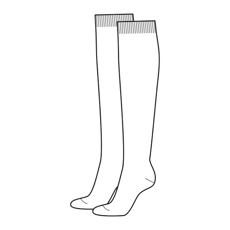 Knee-high Socks length women shape Technical drawing silhouette. Fashion accessory clothing technical illustration stocking. Vector side view, flat template CAD mockup sketch outline isolated on whiteのイラスト素材