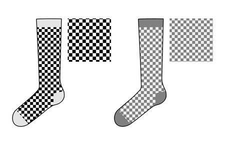 Chessboard Skater socks set with pattern swatches. Ankle length hosiery Fashion accessory clothing technical illustration stocking. Vector side view for Men, women, unisex style, flat template mockupのイラスト素材