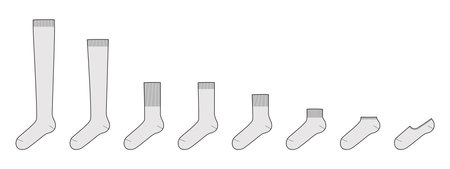 Set of socks length - low cut, high ankle, crew, mid calf, knee, over thigh. Fashion accessory clothing technical illustration stocking. Vector side view for Men, women, unisex style, flat templateのイラスト素材