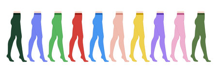 Set of colorful Tights Pantyhose on legs. Fashion accessory clothing technical illustration stocking. Vector side view for Men, women unisex style, flat template CAD mockup sketch outline isolatedのイラスト素材