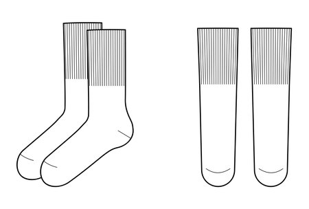 Mid Calf Socks with wide elastic band length set. Fashion hosiery accessory clothing technical illustration. Vector front, side view for Men, women style, flat template mockup sketch outline isolatedのイラスト素材