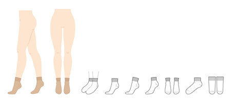 Ankle Socks set on women legs and CAD flat template mockup. Hosiery Fashion accessory clothing technical illustration stocking. Vector front, side view, sketch outline isolated on white backgroundのイラスト素材