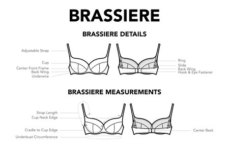 Set of Brassiere details and measurements diagram with names styles top underwear technical fashion illustration. Flat apparel template front, back view. Women, men unisex CAD mockup isolated on whiteのイラスト素材
