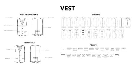 Set of Vest Details diagram with names, Pockets, opening styles technical fashion illustration. Flat apparel template front, back view. Women, men unisex CAD mockup isolated on white backgroundのイラスト素材