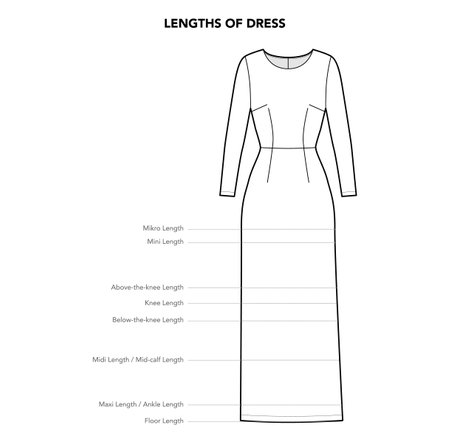 Length of Dress styles - Micro, Mini, Above the Knee, Midi, maxi and Floor technical fashion illustration. Flat apparel template front view. Women, men unisex CAD mockup isolated on white backgroundのイラスト素材