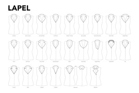 Set of Lapels and collars for tops, shirts, jackets, blouses, coats styles technical fashion illustration. Flat apparel template front view. Women, men unisex CAD mockup isolated on white backgroundのイラスト素材