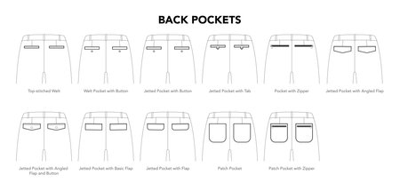 Set of Back Pockets on pants - Button Welt, Jetted Zipper, Angled Flap Patch with Tab styles technical fashion illustration. Flat apparel template. Women, men unisex CAD mockup isolatedのイラスト素材