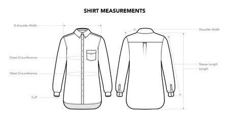 Set of Shirt Top Measurement, Length, Width, Circumference styles technical fashion illustration. Flat apparel template front, back view. Women, men unisex CAD mockup isolated on white backgroundのイラスト素材