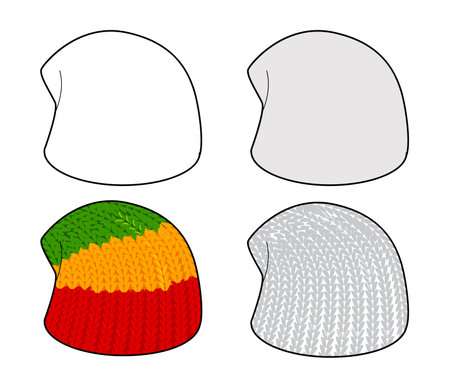 Tam Rasta Hat Knitted Winter Head Fashion accessory cap clothing technical illustration. Vector headgear for Men, women, unisex style, flat template CAD mockup sketch outline isolatedのイラスト素材