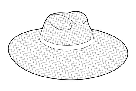 Wide-brim sunhat Hat with Ribbon. Summer Head Fashion accessory cap clothing technical illustration. Vector headgear for Men, women, unisex style, flat template CAD mockup sketch outline isolatedのイラスト素材