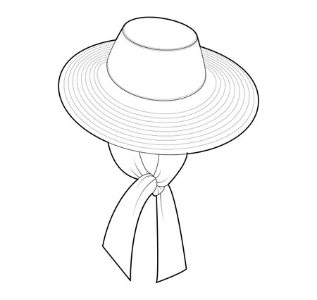 Floppy Sun Hat with scarf tie. Summer Bonnet Head Fashion accessory cap wide brim clothing technical illustration. Vector headgear for Men, women, unisex style, flat template CAD mockup sketch outlineのイラスト素材