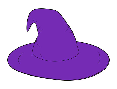 Purple Witch Hat Magic Head Fashion accessory cap with wide brim clothing technical illustration. Vector headgear for Men, women, unisex style, flat template CAD mockup sketch outline isolatedのイラスト素材