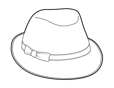 Fedora Hat with band and bow. Head Fashion accessory cap clothing technical illustration. Vector headgear for Men, women, unisex style, flat template CAD mockup sketch outline isolatedのイラスト素材