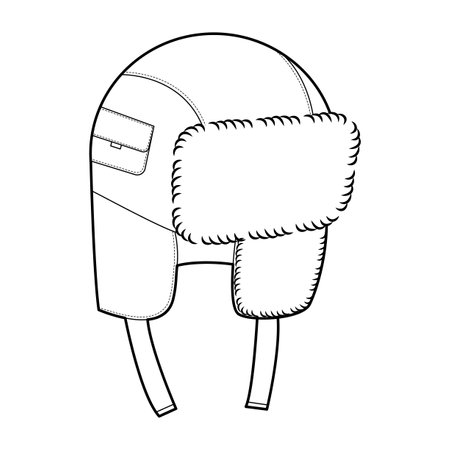 Trapper Hat with pocket. Winter Head Fashion accessory cap with fur clothing technical illustration. Vector headgear for Men, women, unisex style, flat template CAD mockup sketch outline isolatedのイラスト素材