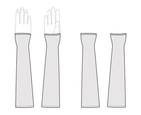 Gauntlets Gloves Elbow length Fashion hand accessory clothing technical illustration garment. Vector front palm back view for Men, women, unisex style flat template CAD mockup sketch outline on whiteのイラスト素材